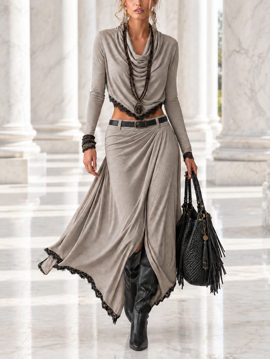 Michela | Ensemble composé d'un top court élastique avec col drapé gris et d'une jupe longue avec fente (ceinture incluse)