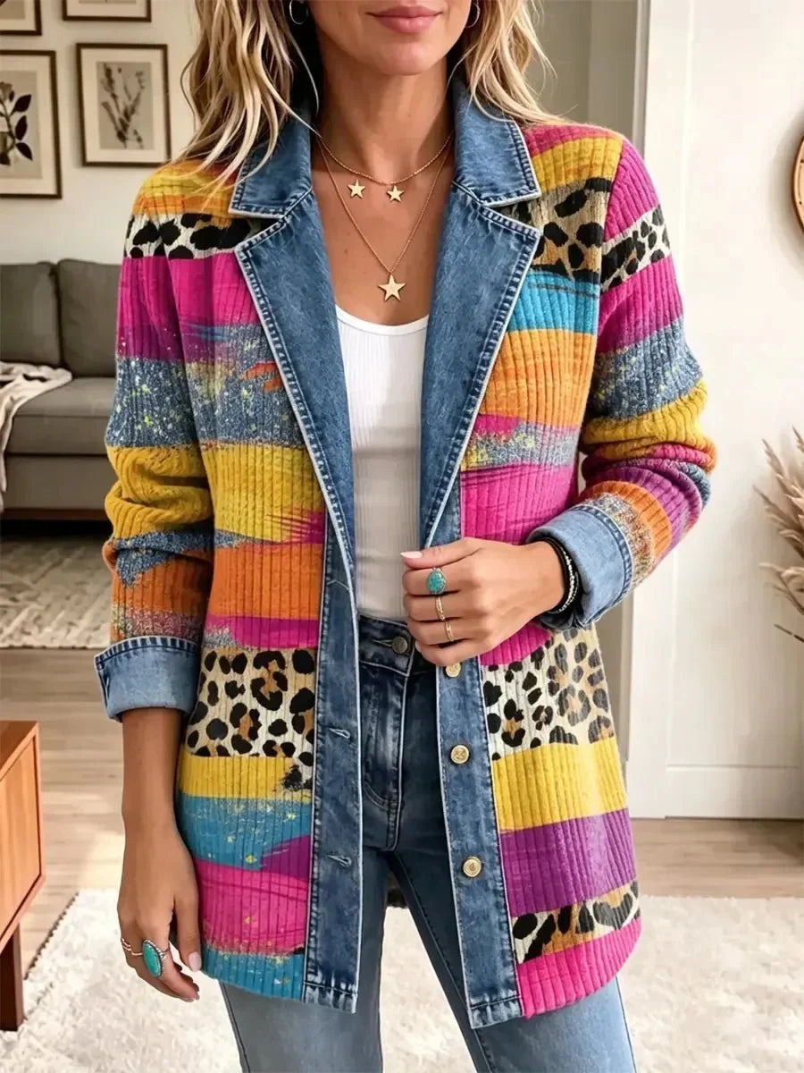 Victoria | Veste en Denim avec Motif Léopard Rétro