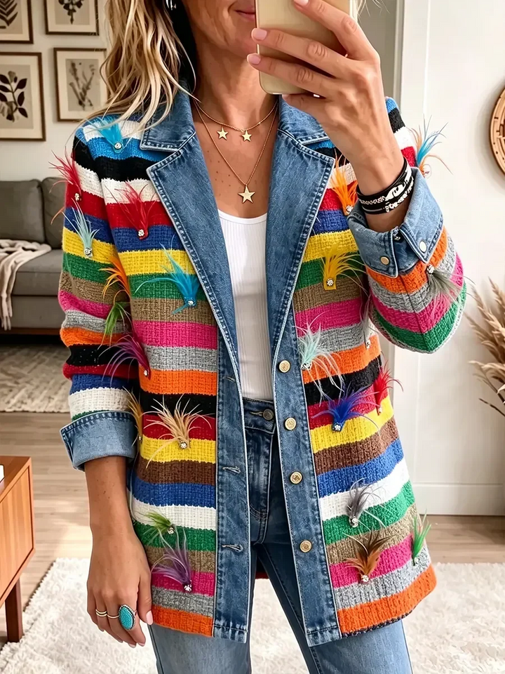 Mia | Veste en Denim Vintage Élegante avec Imprimé Plume