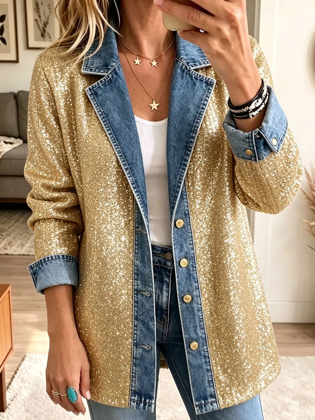 Sophia | Veste en Denim Spliced avec Glitter Or