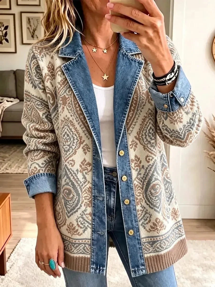 Amelia | Veste à la Mode en Denim Patchwork Rétro Ethnique