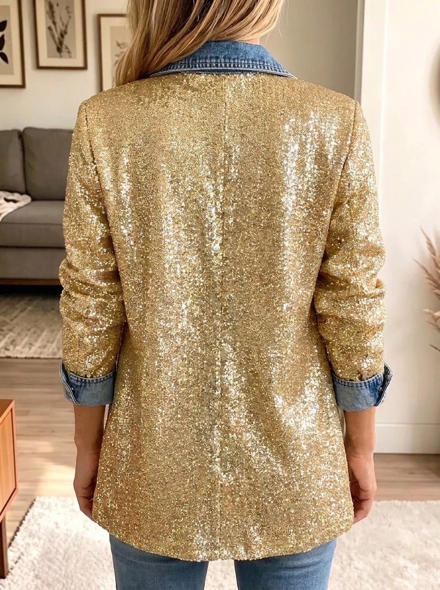 Sophia | Veste en Denim Spliced avec Glitter Or