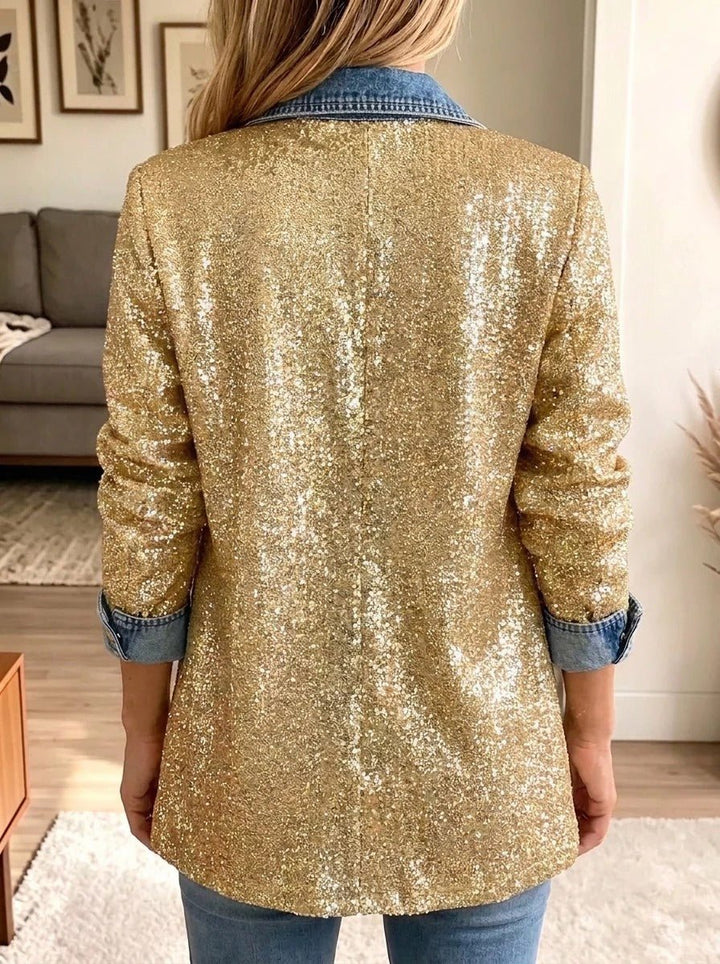 Sophia | Veste en Denim Spliced avec Glitter Or