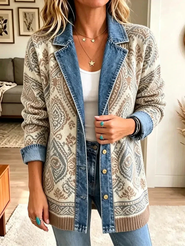 Amelia | Veste à la Mode en Denim Patchwork Rétro Ethnique