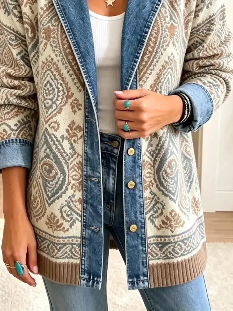 Amelia | Veste à la Mode en Denim Patchwork Rétro Ethnique