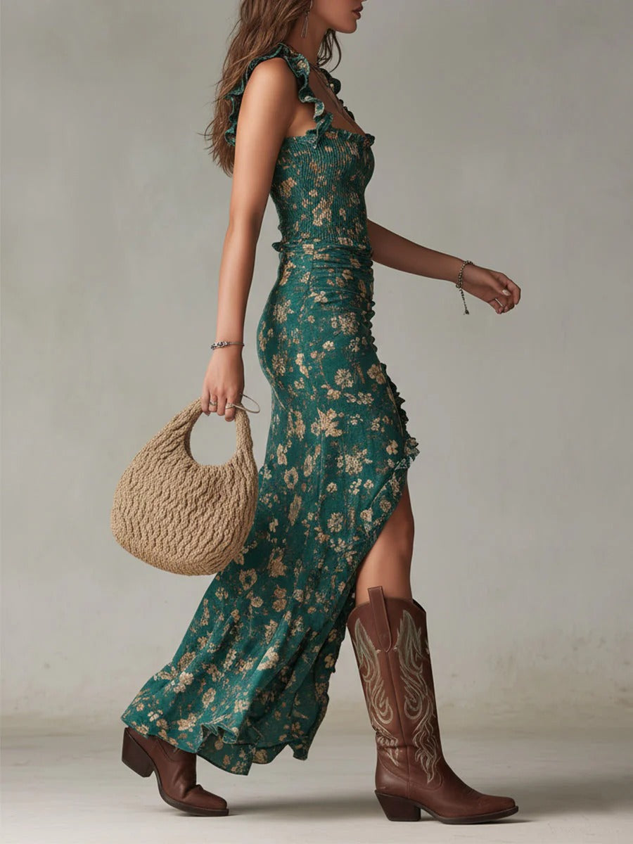 Zara | Robe Maxi Fleurie Bohémienne Froncée avec Fente Latérale