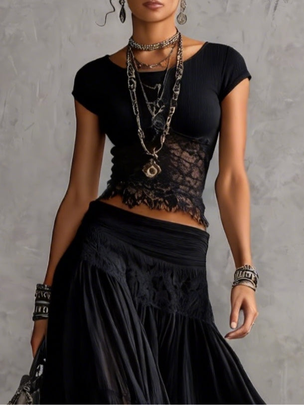 Ensemble Top en Dentelle Noire Transparente et Jupe Maxi Plissée