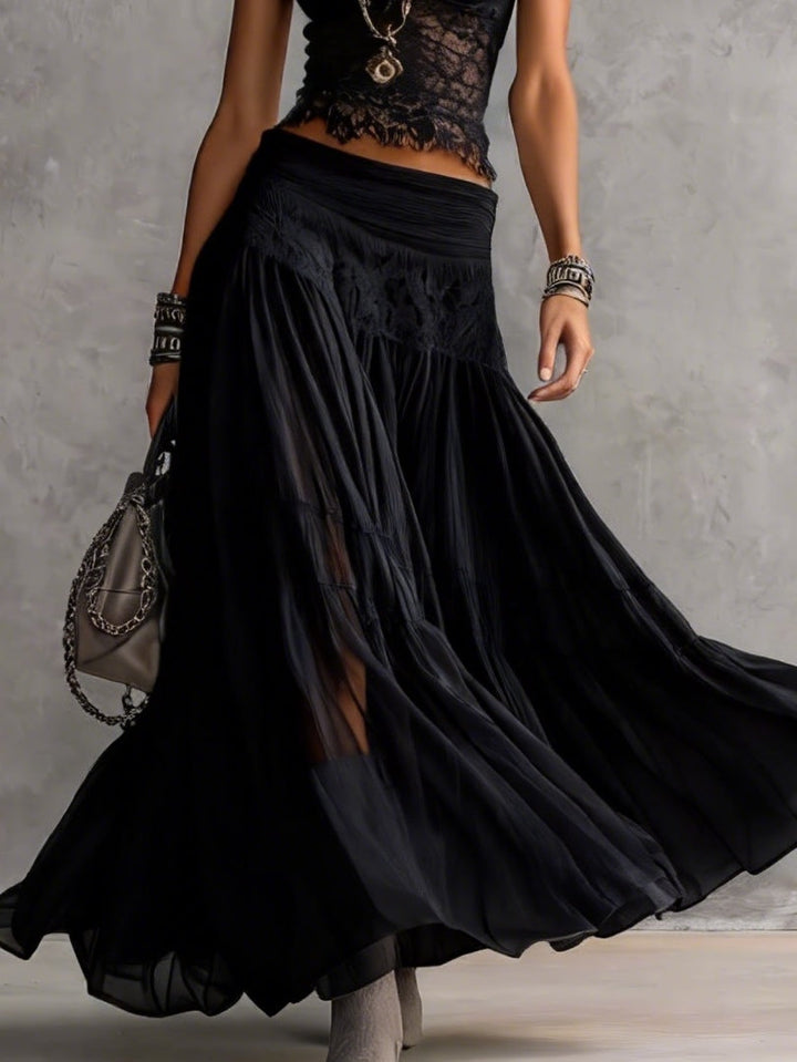 Ensemble Top en Dentelle Noire Transparente et Jupe Maxi Plissée
