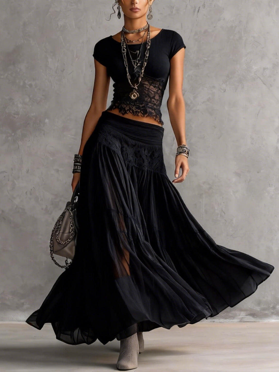 Ensemble Top en Dentelle Noire Transparente et Jupe Maxi Plissée