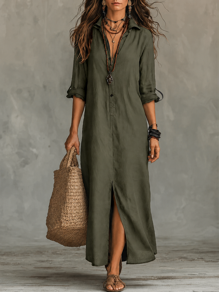 Robe Maxi Chemise Bohème à Boutons Noirs