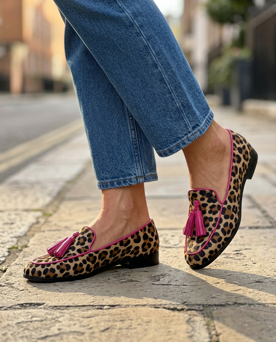 Mocassin Fiamma — Imprimé Léopard avec Bord Fuchsia et Franges