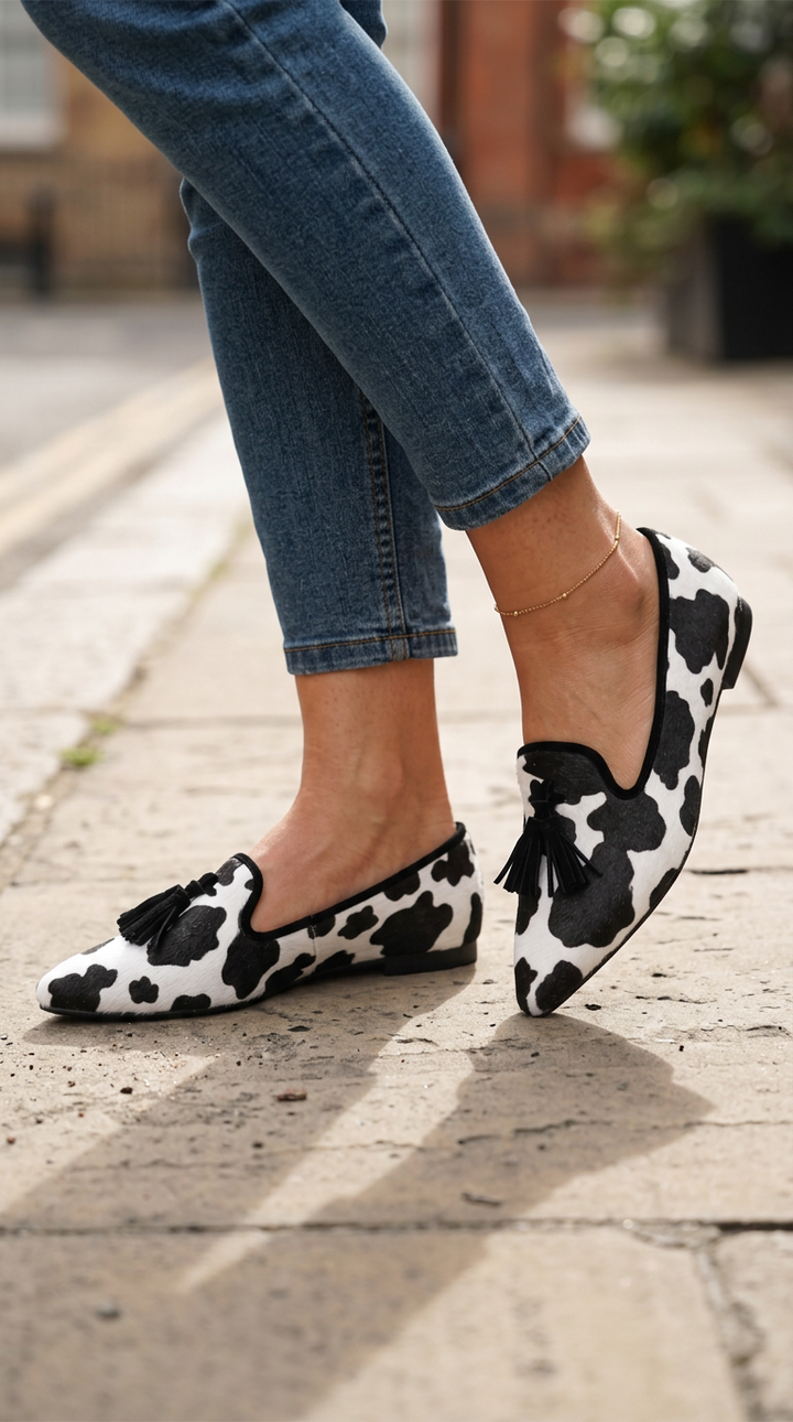 Mocassin Ginevra — Imprimé Vache Noir et Blanc, À Pompons Noirs
