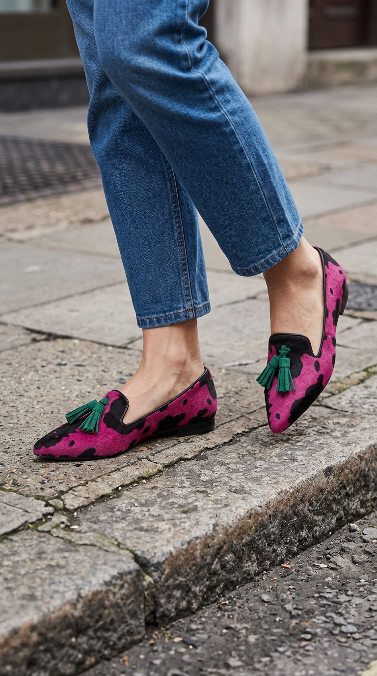 Mocassin Ginevra — Vache Fuchsia, Franges Vertes