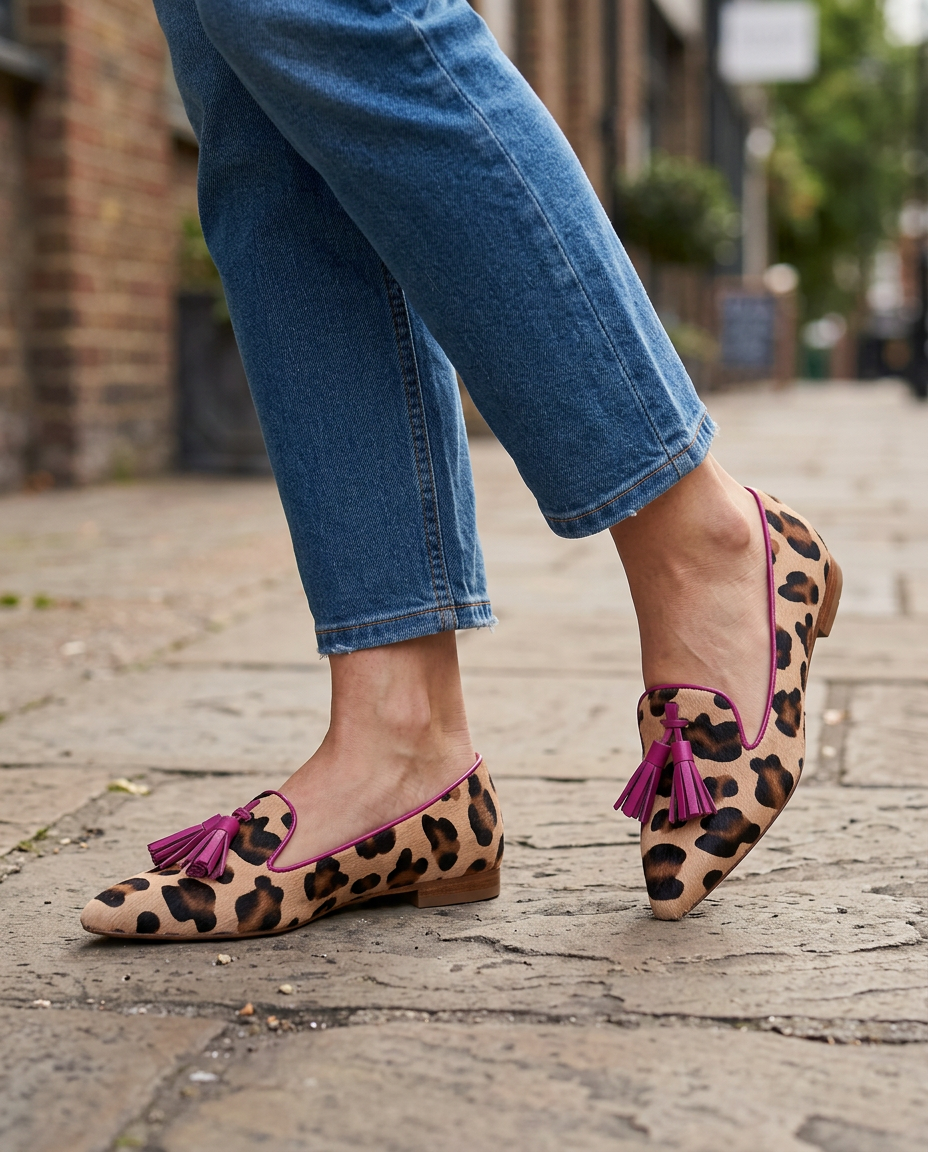 Mocassins Ginevra — Imprimé léopard, Franges fuchsia