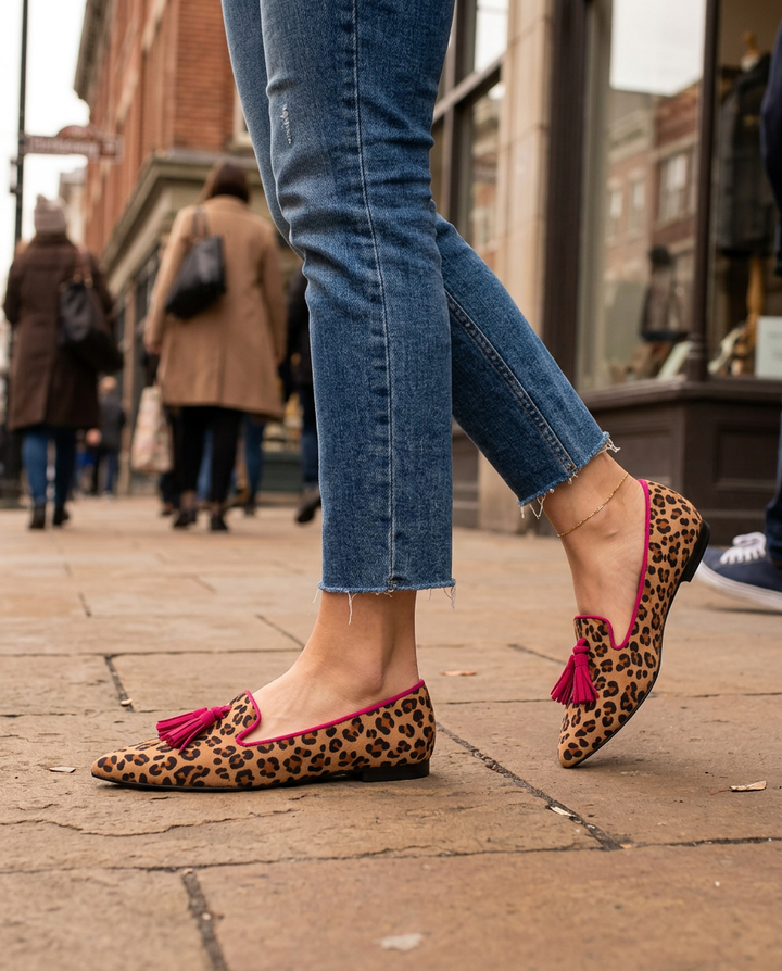 Mocassin Ginevra — Imprimé Léopard en Suède, Pompons Fuchsia