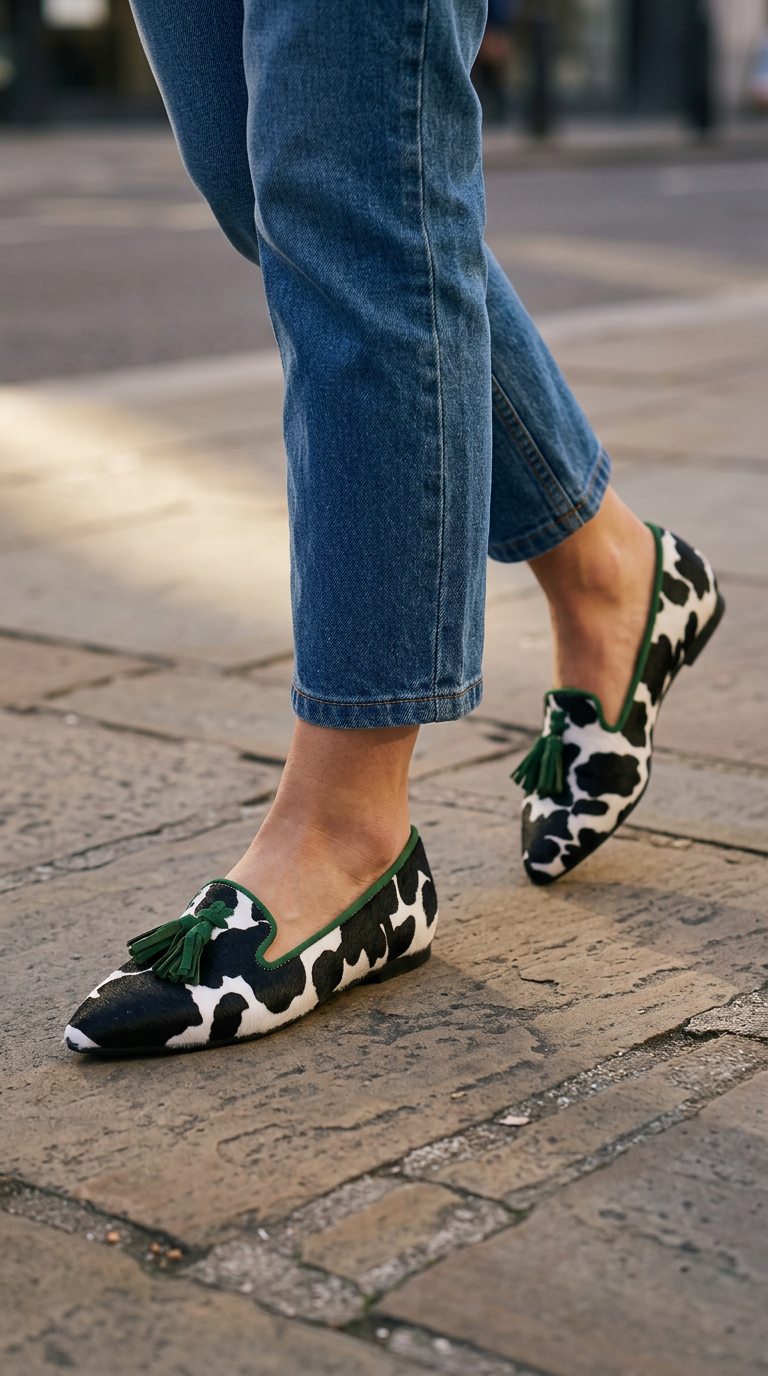 Mocassin Ginevra — Imprimé Vache Noir et Blanc, Franges Vertes
