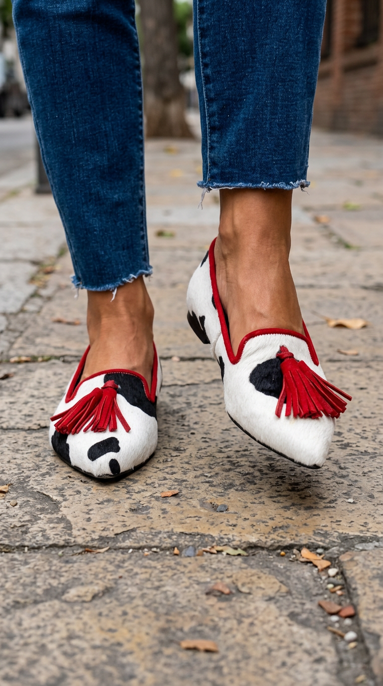 Mocassin Ginevra — Imprimé Vache Noir et Blanc, Franges Rouges