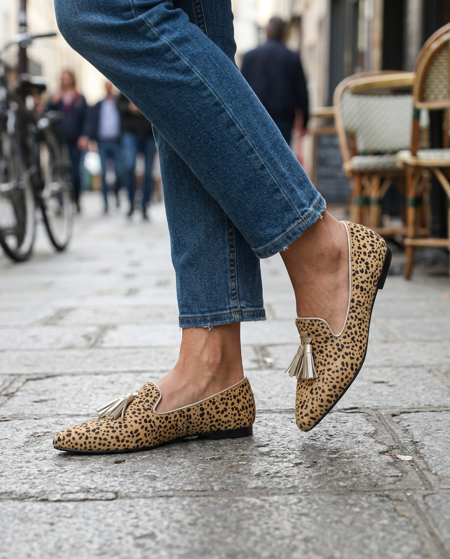 Mocassin Ginevra — Léopard, Franges Or Clair