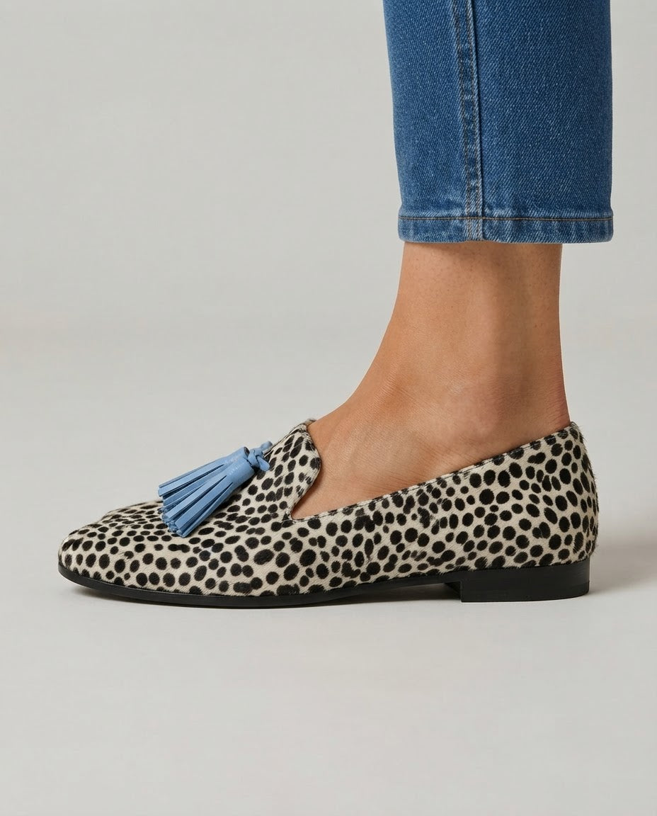 Mocassins Nadia — Léopard Noir et Blanc avec Franges Bleu Clair