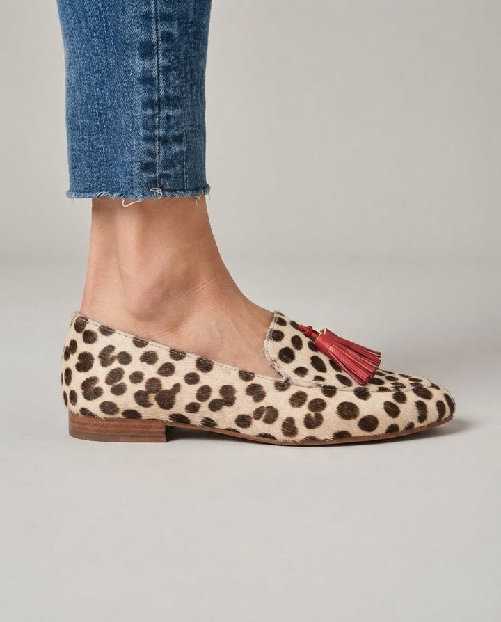 Mocassin Aurora — Pois Crème, Franges Rouges