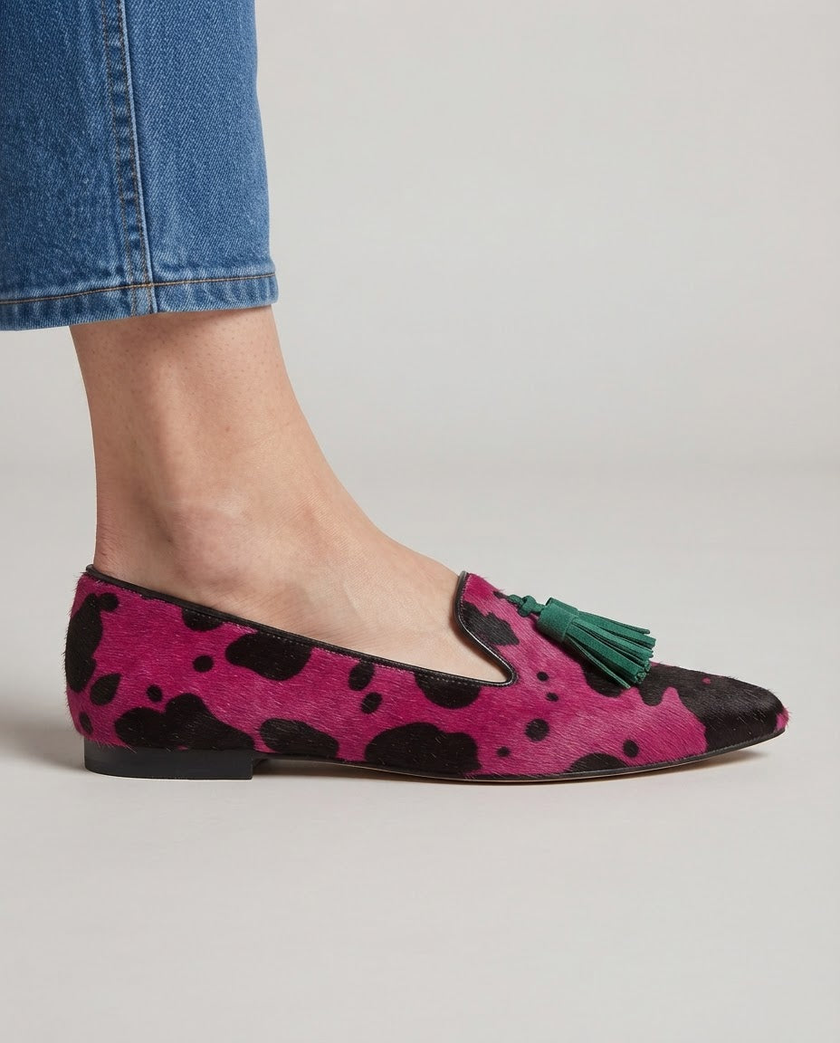Mocassin Ginevra — Vache Fuchsia, Franges Vertes