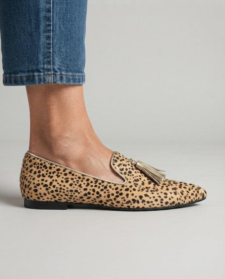 Mocassin Ginevra — Léopard, Franges Or Clair