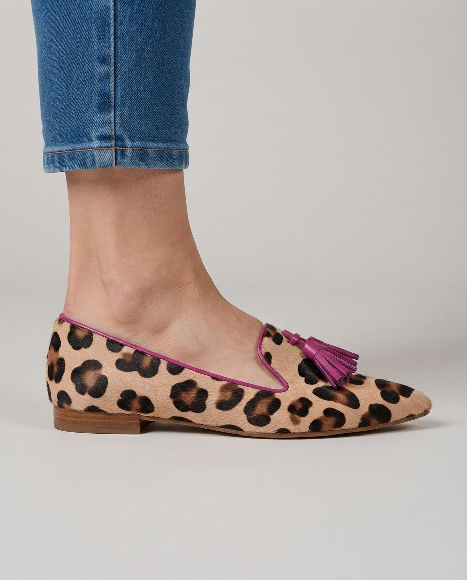 Mocassins Ginevra — Imprimé léopard, Franges fuchsia