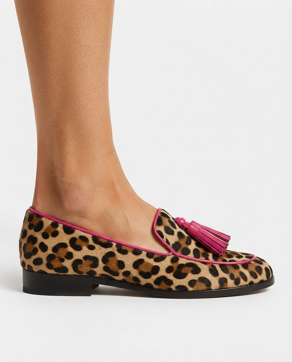 Mocassin Fiamma — Imprimé Léopard avec Bord Fuchsia et Franges
