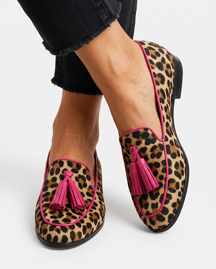 Mocassin Fiamma — Imprimé Léopard avec Bord Fuchsia et Franges