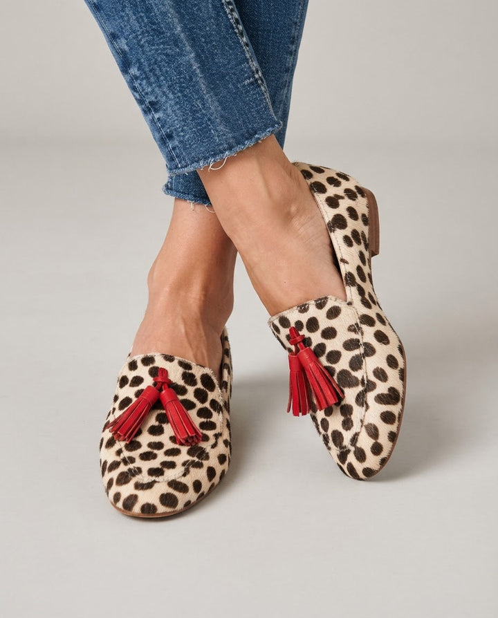 Mocassin Aurora — Pois Crème, Franges Rouges