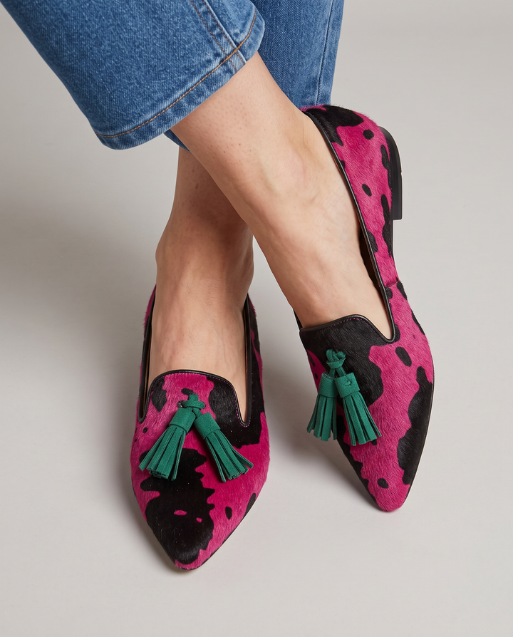 Mocassin Ginevra — Vache Fuchsia, Franges Vertes