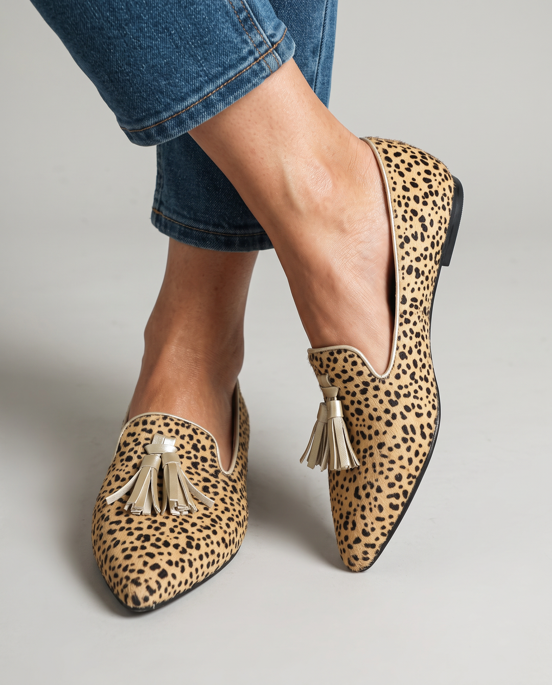 Mocassin Ginevra — Léopard, Franges Or Clair