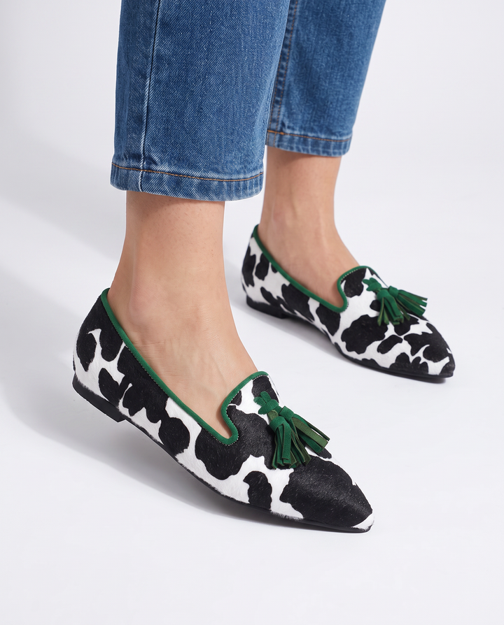 Mocassin Ginevra — Imprimé Vache Noir et Blanc, Franges Vertes