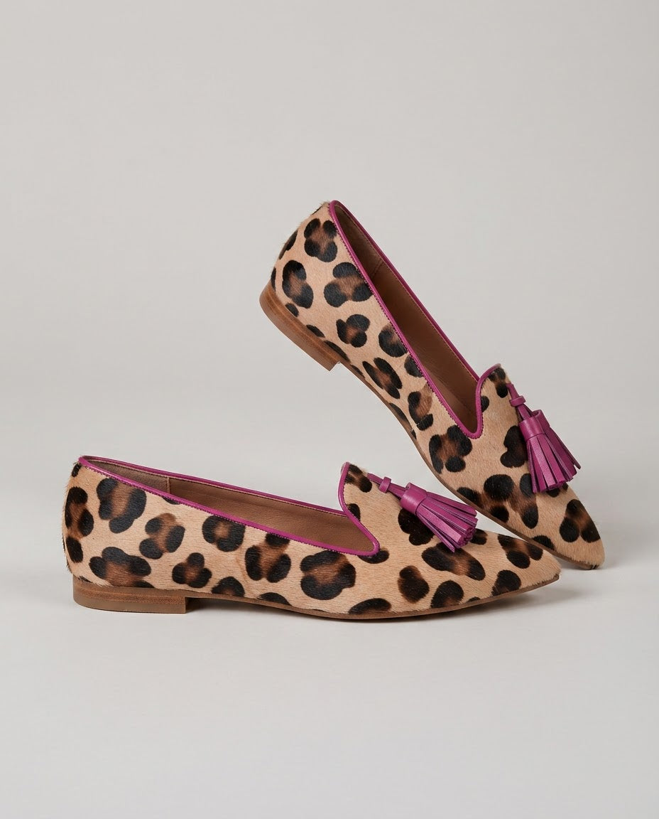 Mocassins Ginevra — Imprimé léopard, Franges fuchsia