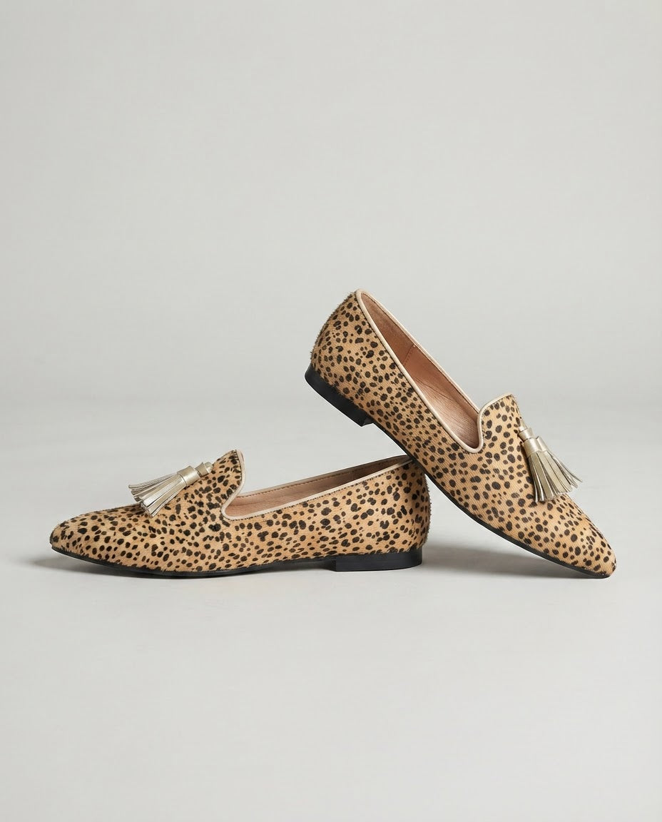 Mocassin Ginevra — Léopard, Franges Or Clair