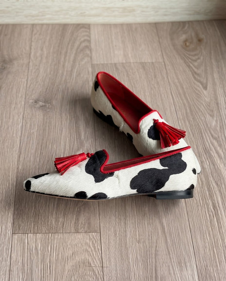 Mocassin Ginevra — Imprimé Vache Noir et Blanc, Franges Rouges