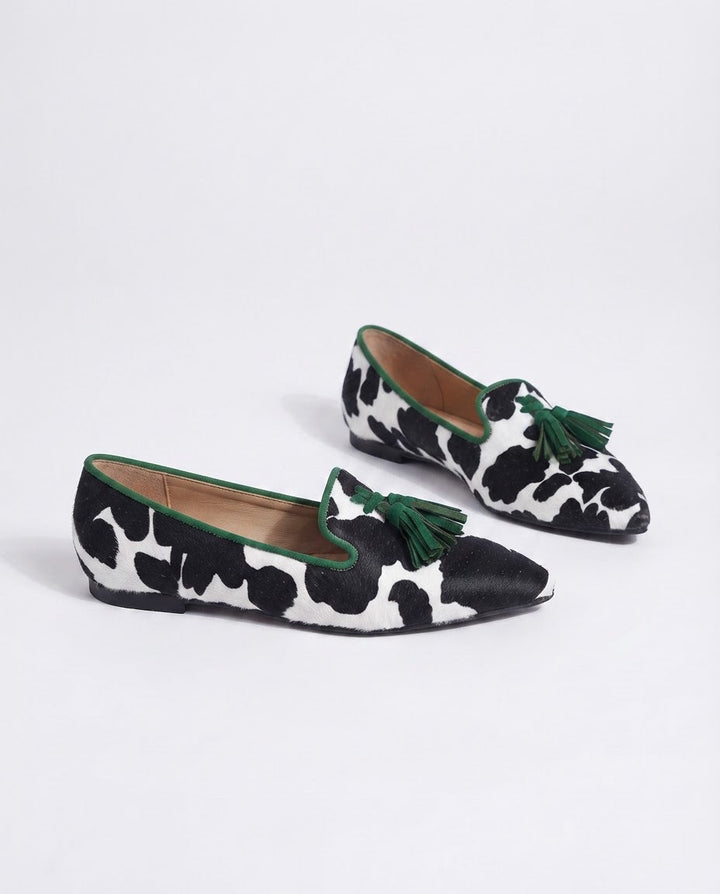 Mocassin Ginevra — Imprimé Vache Noir et Blanc, Franges Vertes