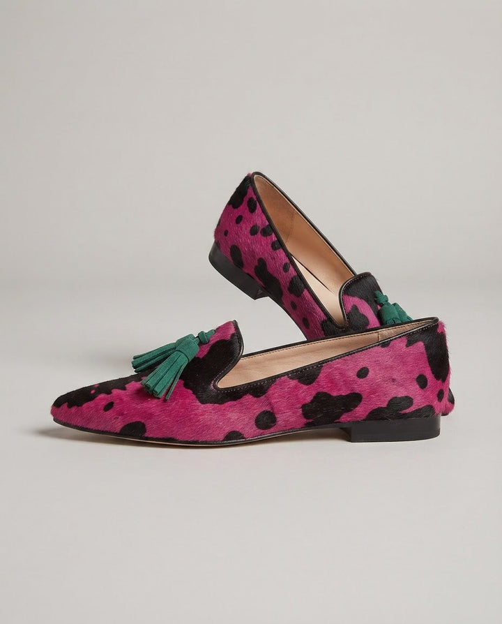 Mocassin Ginevra — Vache Fuchsia, Franges Vertes
