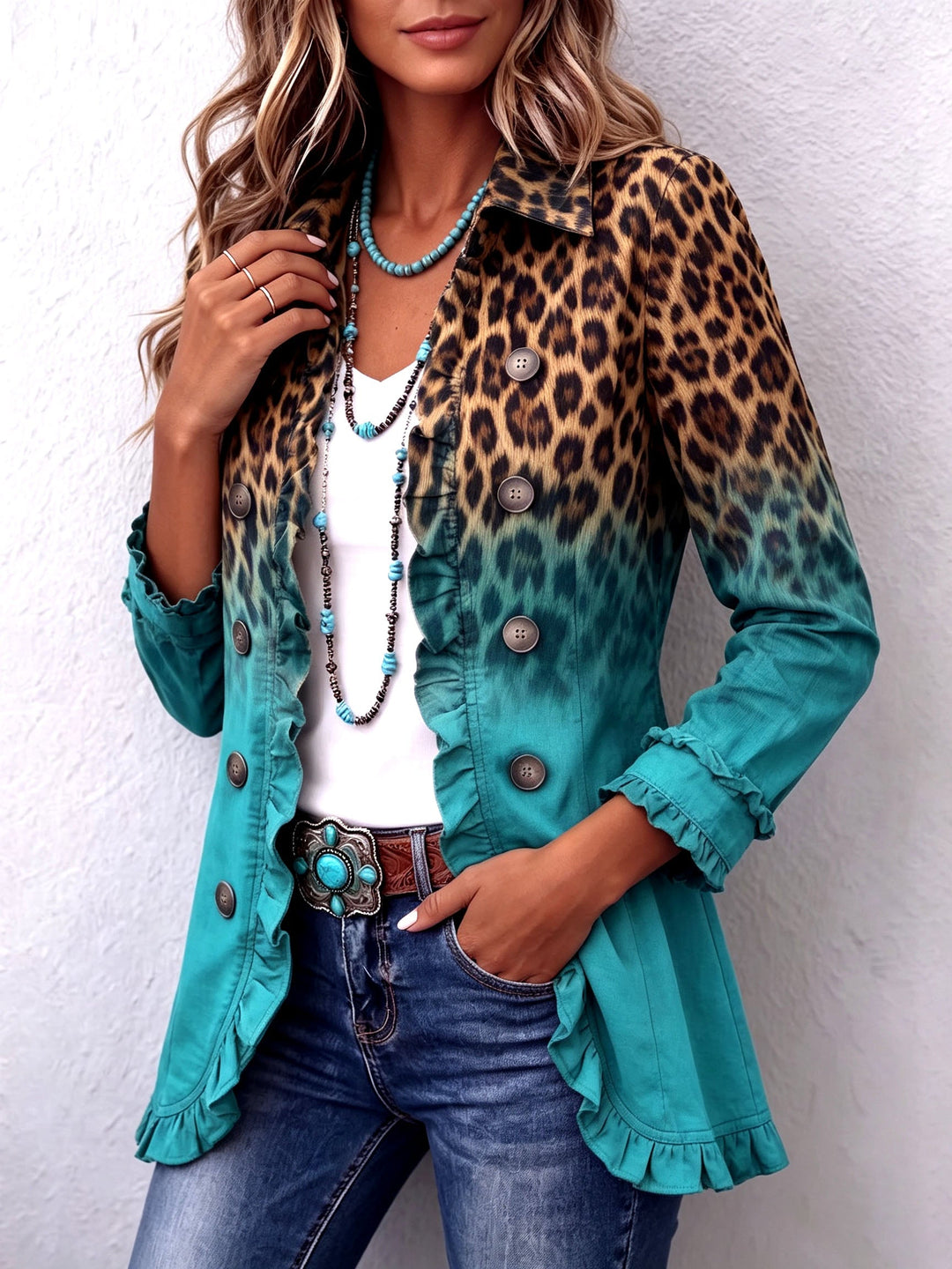 Catherine | Veste Blazer à Volants Léopard Ombre