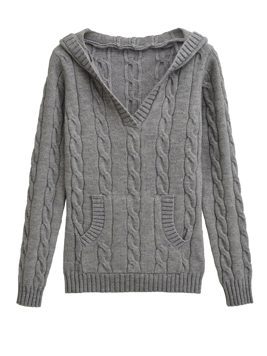 Corabelle™ | Pull à col V en tricot torsadé avec capuche