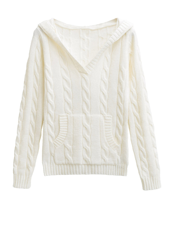 Corabelle™ | Pull à col V en tricot torsadé avec capuche