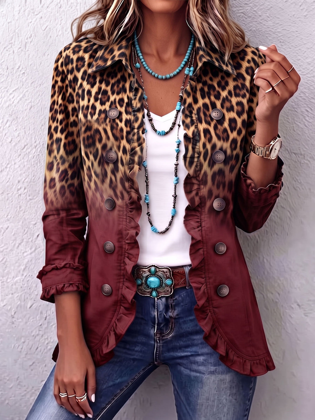Catherine | Veste Blazer à Volants Léopard Ombre
