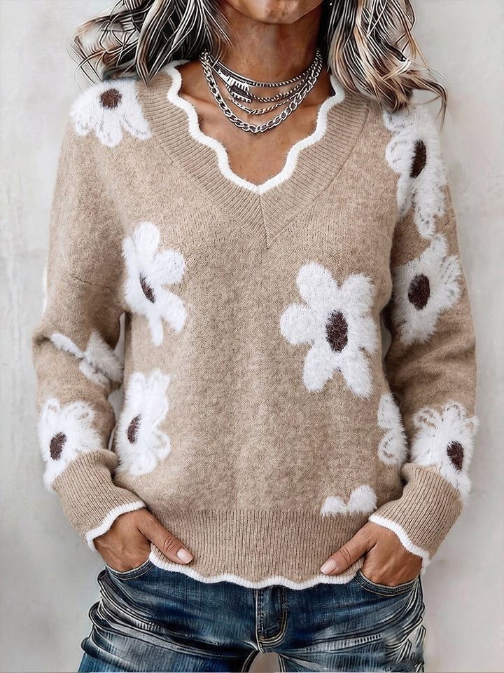 Ellsbeth™ | Pull en tricot floral à col en V festonné