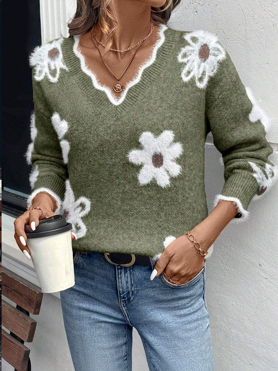 Ellsbeth™ | Pull en tricot floral à col en V festonné