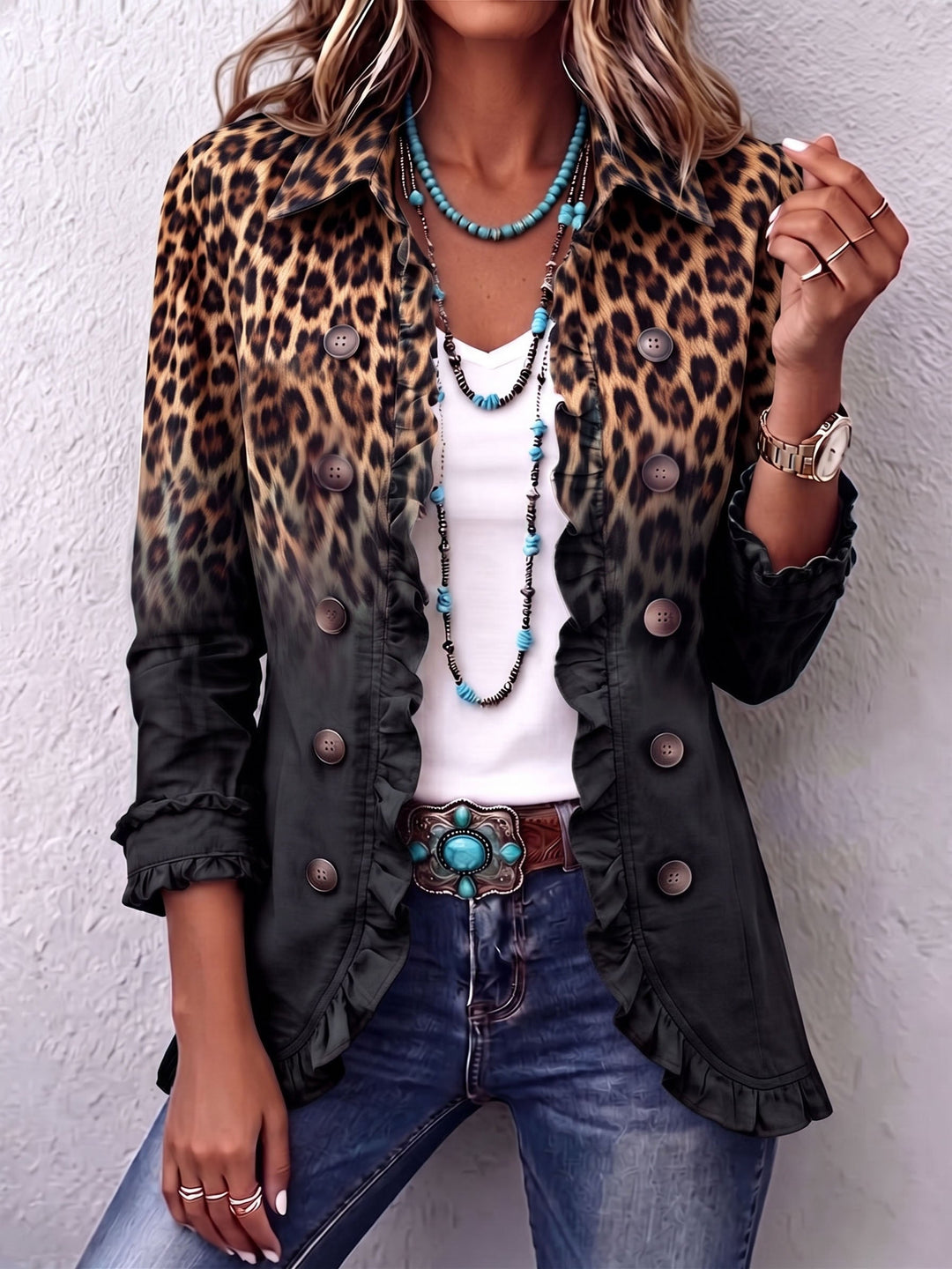Sabina | Veste Blazer Ruffle Léopard Ombre