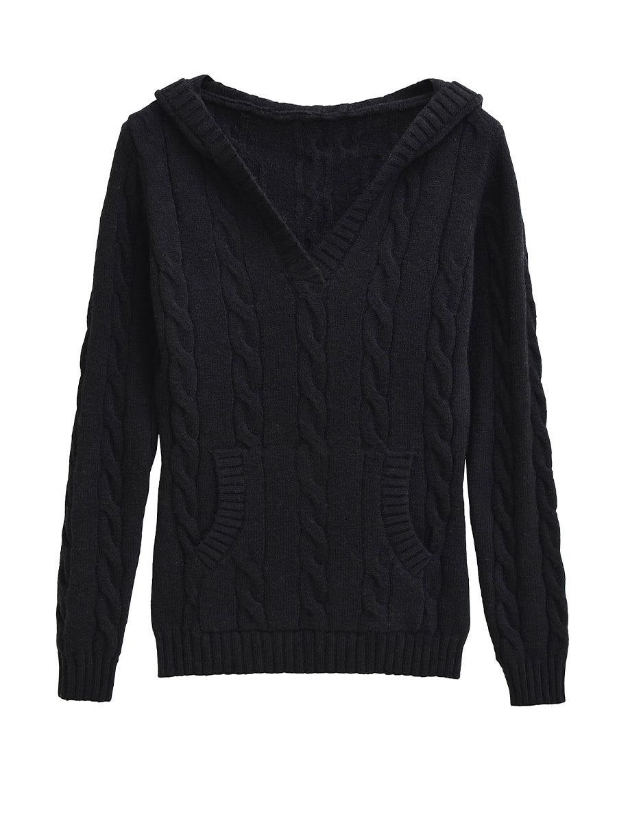 Corabelle™ | Pull à col V en tricot torsadé avec capuche