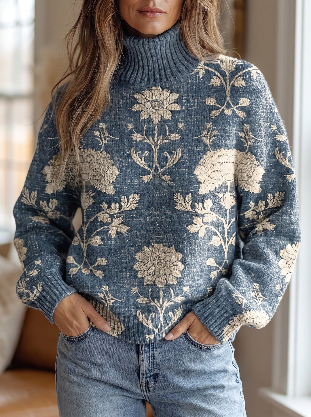 Francesca | Pull à Col Montant avec Imprimé Indigo